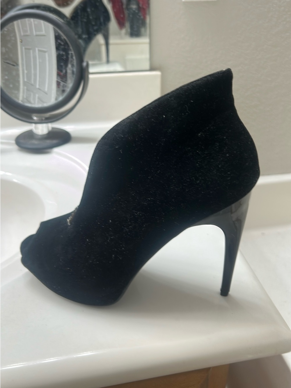 Black Velvet Peep-Toe Stiletto Bootie